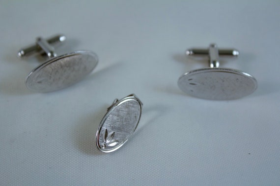 Sterling Modernist Cuff Link Tie Pin Set Anson Engraved