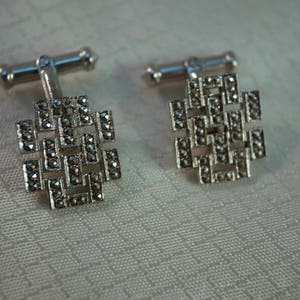 c1950's Morehouse Sterling Geometric Marcasite Grid Cufflinks