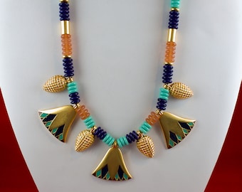 Metropolitan Museum of Art Antiquities Reproduction Egyptian Gold Plated Enameled Lotus and Fruits Necklace