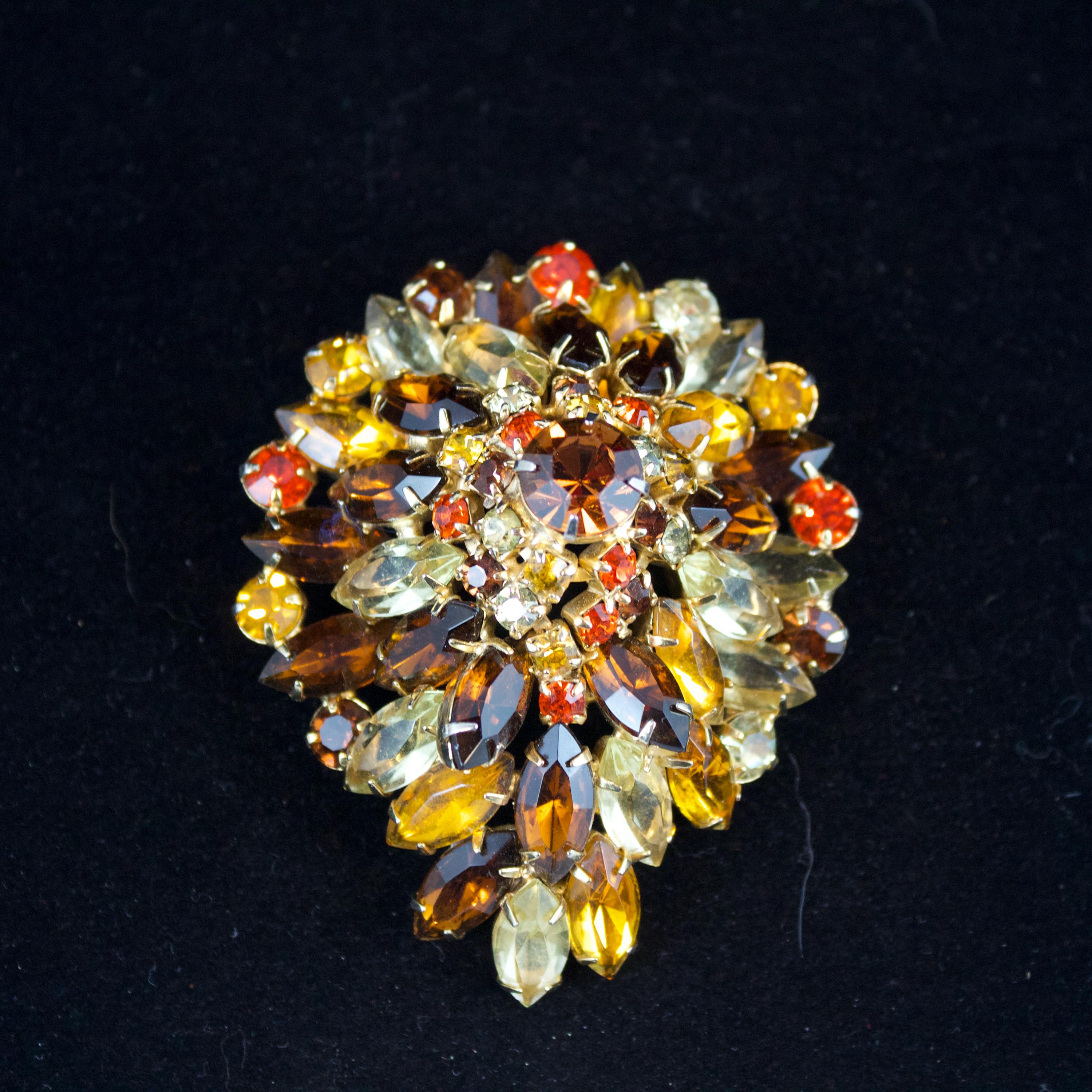 Vintage Juliana Topaz, Amber, Red, and Yellow Rhinestone Statement