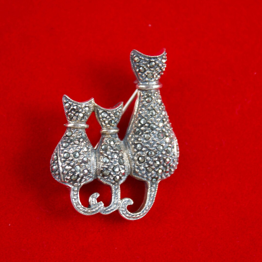 Vintage Mid Century Sterling Mother Cat and 2 Kittens Brooch With Pave ...