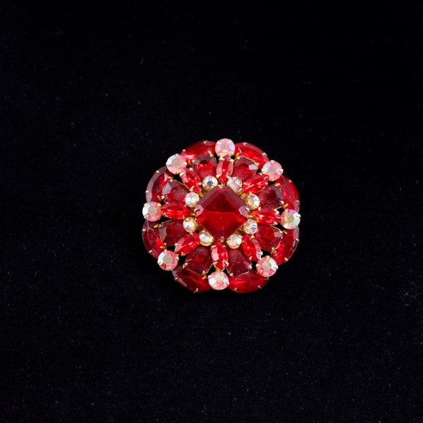 1960's Vintage Red and AB Rhinestone Fashion Brooch