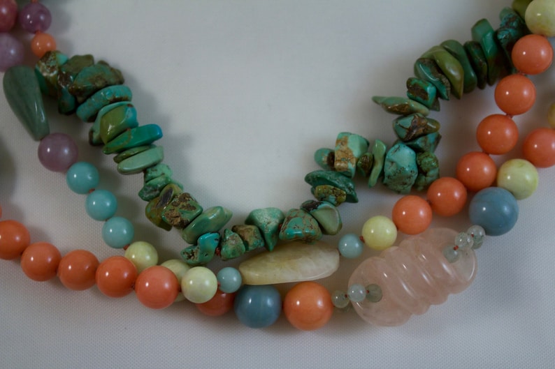 3 Strand Turquoise and Pastel Quartz Beaded Necklace