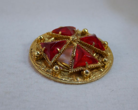 1960's Maltese Cross Brooch, Red Rhinestone Malte… - image 2