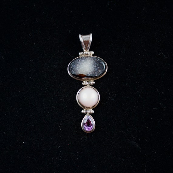 Smokey Druzy, Pink Mabe Pearl, and Amethyst Sterl… - image 1