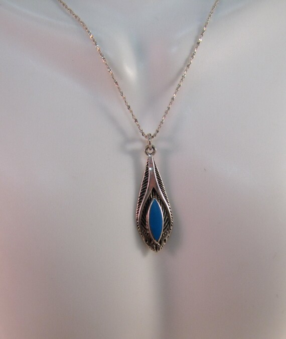Vintage Navajo Inspired Sterling Turquoise Pendant and 16" Sterling Chain
