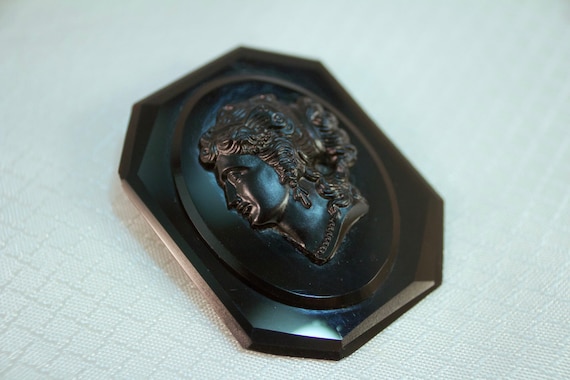 c1900-1910 Victorian Mourning Black Glass Cameo B… - image 2