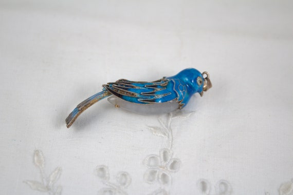 Vintage Chinese Export Enameled Silver Blue Bird … - image 1