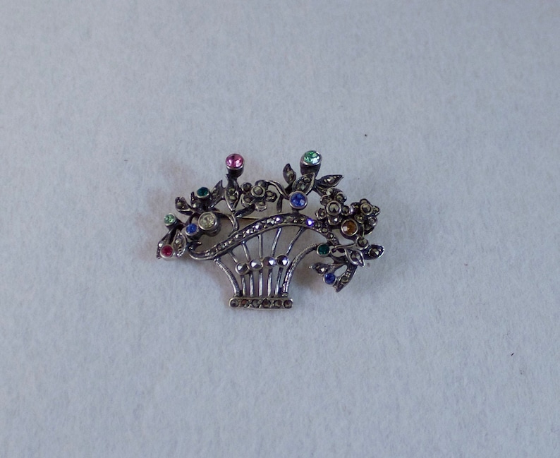 Vintage Italian Sterling Victorian Reproduction Vase Brooch with Rhinestone Flowers