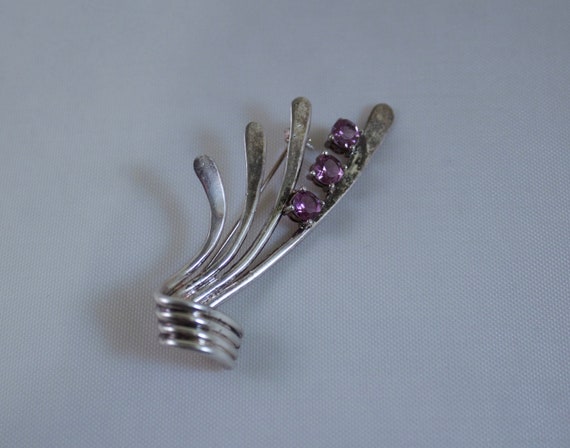 Mid Century Unmarked Silver Brooch with Amethyst … - image 1