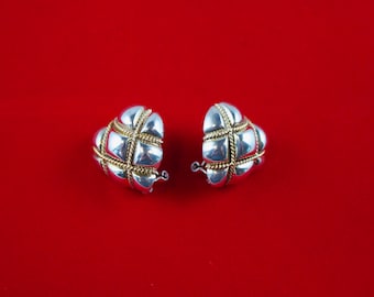 Sterling Silver and 14kt Yellow Gold Wire Banded Tufted Hearts French Clip Earrings
