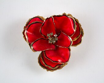 Rare Vendome Red Enameled Flower Brooch, Enameled Rose Brooch