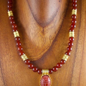 Metropolitan Museum of Art Antiquities Reproduction Egyptian Rival Gold Plated Necklace with Carnelian Stone Scarab, Carnelian Beads