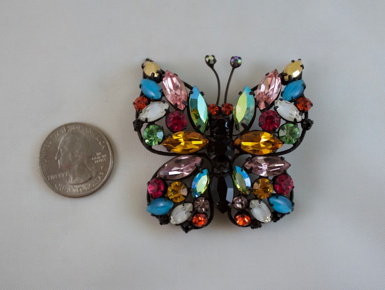 Blackened Rare Regency Multi-Color Rhinestone Butterfly Japanned Brooch