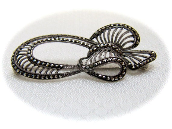 1950's Modernist Sterling and Marcasite Bow Brooch - image 1