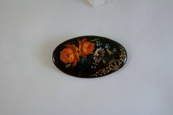 Russian Hand Lacquered oval flower brooch - image 1