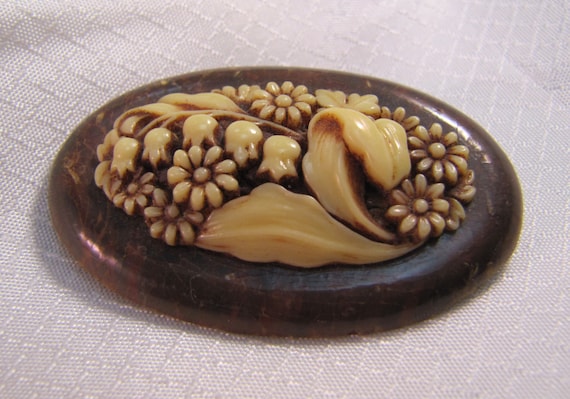 Vintage Carved Celluloid Lilly of the Valley Broo… - image 1