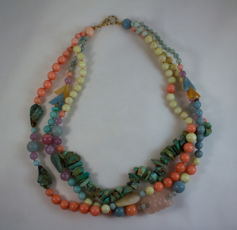 3 Strand Turquoise and Pastel Quartz Beaded Necklace
