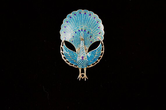 Vintage Turquoise Enameled Siam Peacock Brooch, G… - image 3