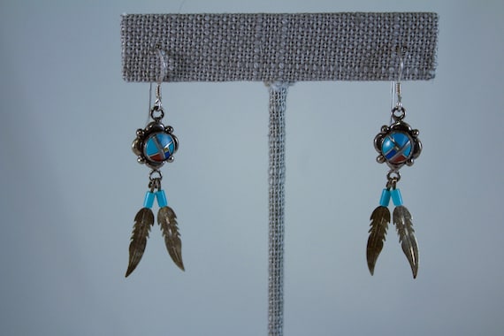 Navajo Styled Sterling Inlaid Button Dangle Earri… - image 1