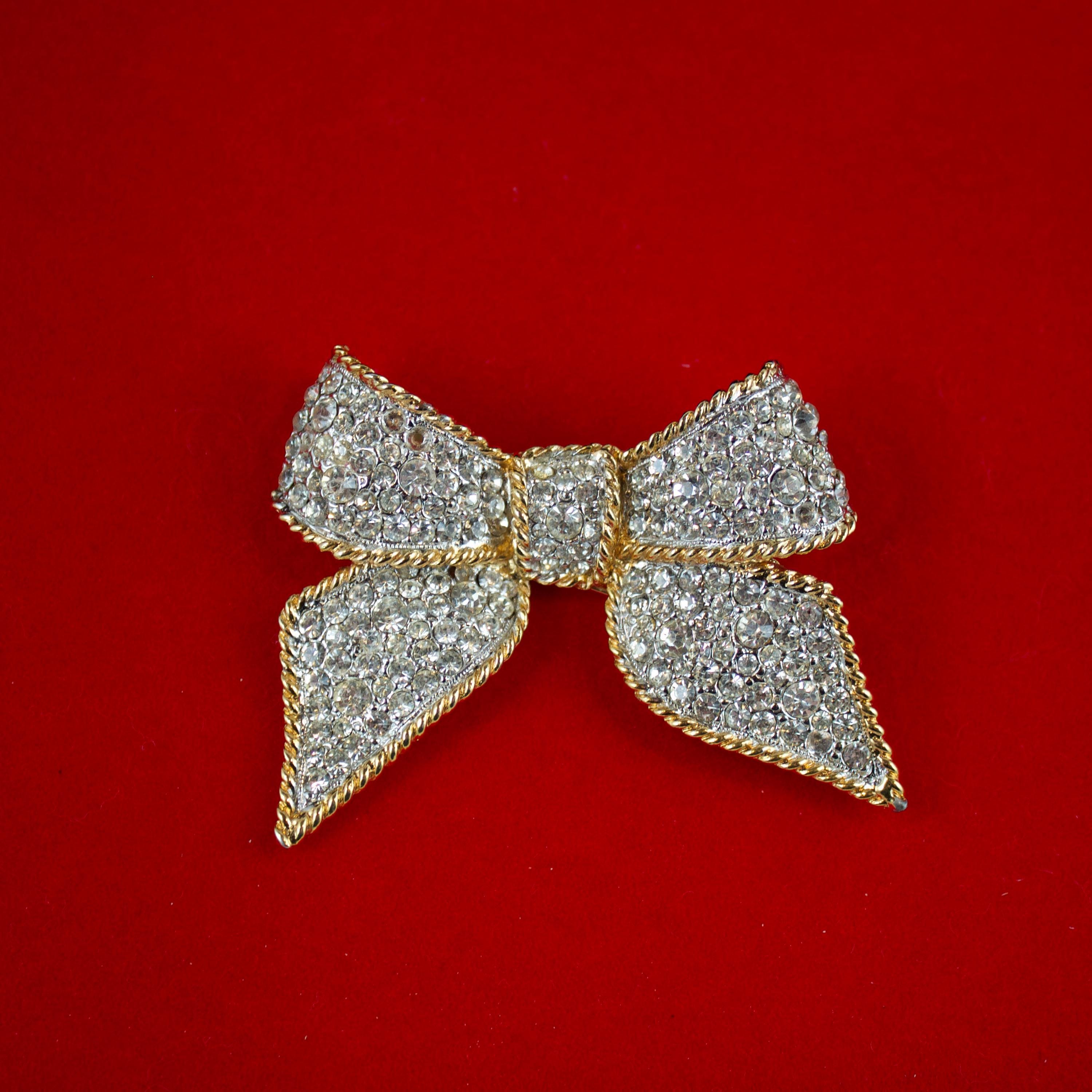 Kenneth Jay Lane Gold Bow Brooch on Red Vintage Kenneth Jay Lane Brooch Red and Green Jewel Crystal  main image 2