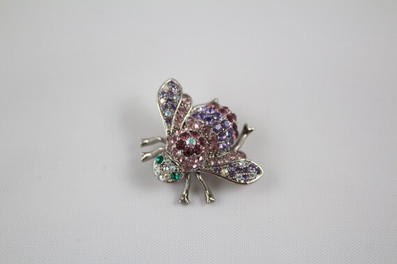 Broche Ancienne Abeille - Cabochon Sulfure Rouge, Strass, Métal Argenté Et Doré - Vintage Années 60