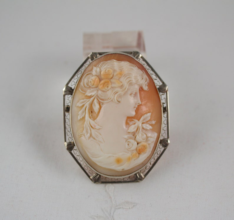 Vintage Victorian Cameo Pendant or Brooch Set in 14kt White Gold image 1