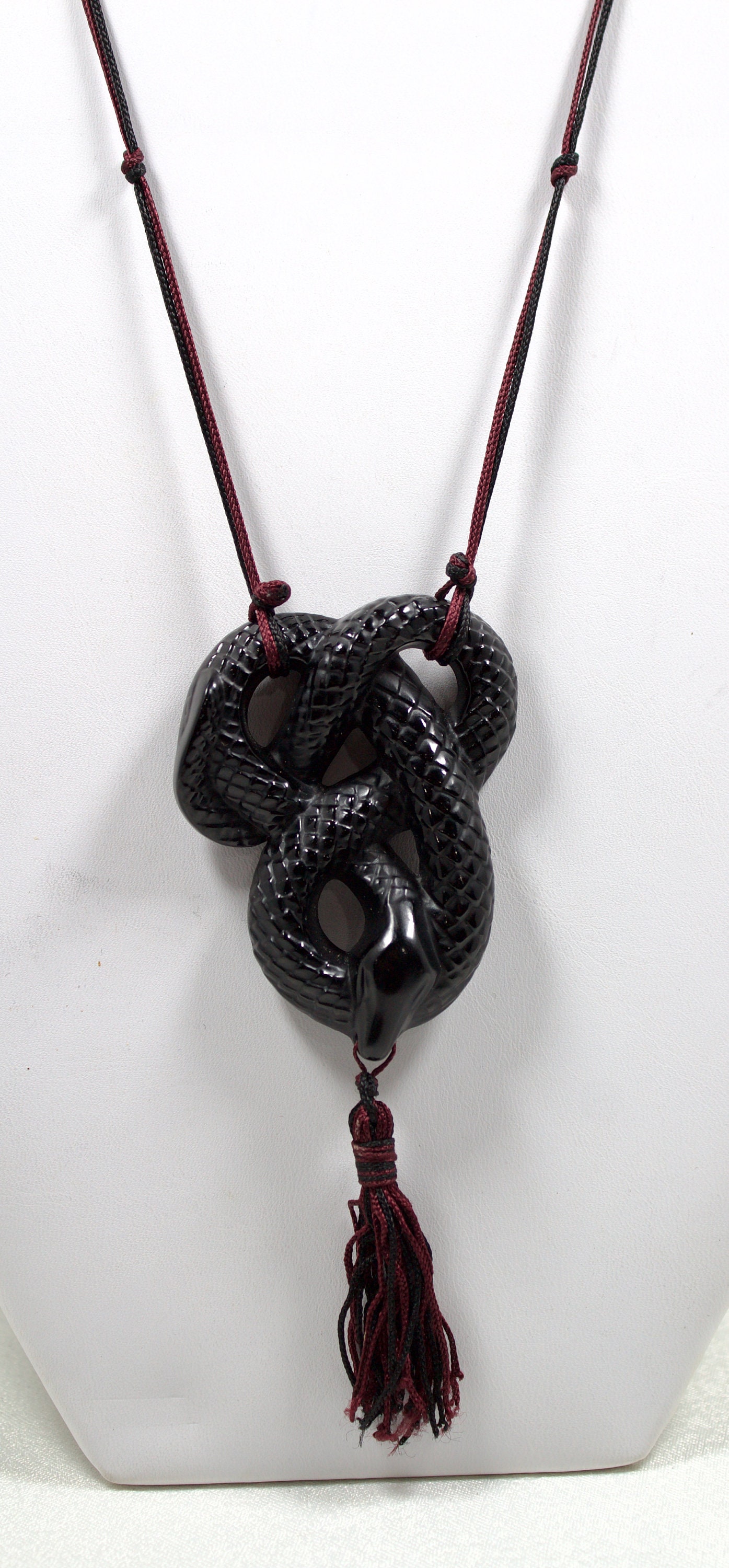 Rare Lalique Black Crystal Serpent Pendant on Original Silk