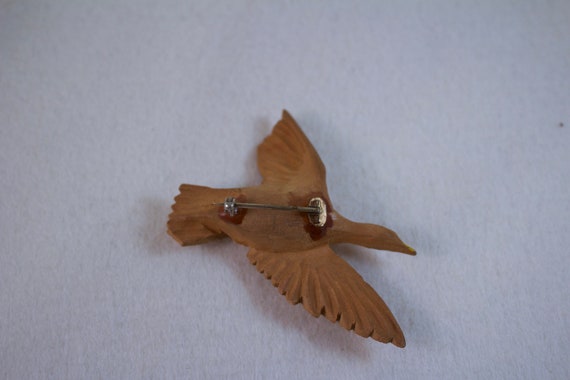 Vintage Hand Carved Wood Flying Duck Brooch - image 3