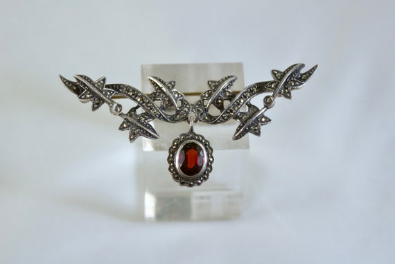 Broche Art Nouveau En Argent Massif Avec Cabochon Grenat - Bijou Vintage Occasion