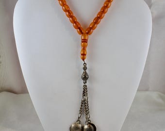 Vintage Simulated Amber Resin Prayer Beads With Silver Plated Coins