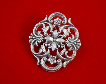 c1900 Art Nouveau Repousse Sterling Brooch or Pendant Flowers and Scrolls