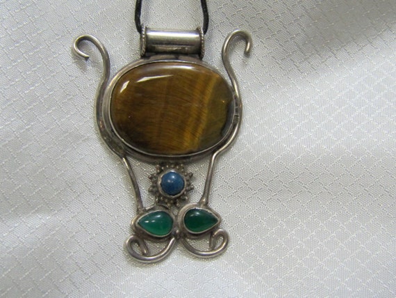 Handcrafted Sterling, Egyptian Revival Cat's Eye, Lapis and Green Gemstone Pendant