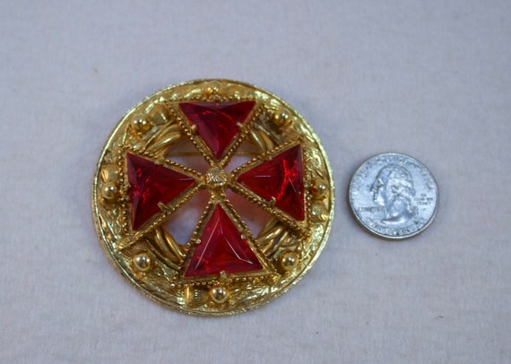 1960's Maltese Cross Brooch, Red Rhinestone Malte… - image 4