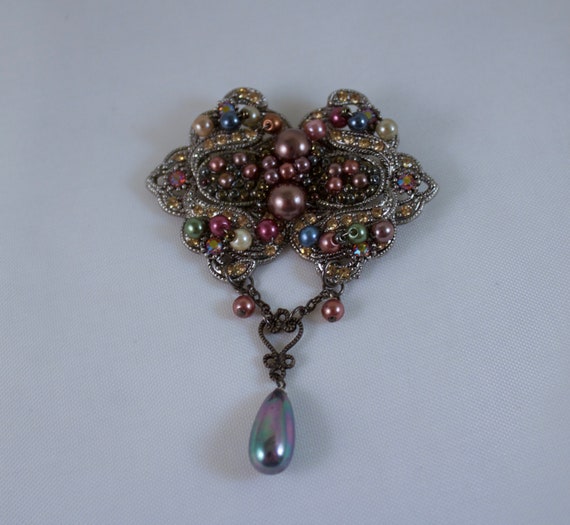 1980's Victorian Inspired Faux Pearl Beaded Brooc… - image 1