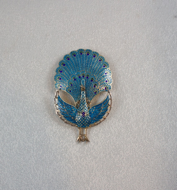 Vintage Turquoise Enameled Siam Peacock Brooch, G… - image 2