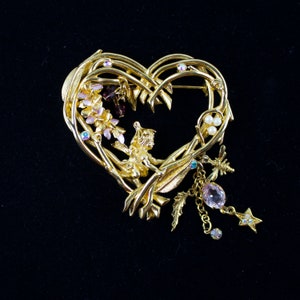 Kirks Folly Art Nouveau Gold Plated Wisteria Vine Heart Brooch with Woodland Fairy, Stars, Flowers, Bees, and Crystals