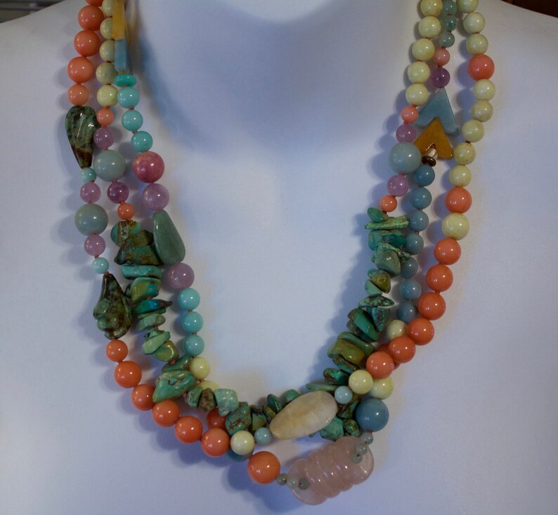 3 Strand Turquoise and Pastel Quartz Beaded Necklace