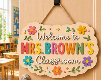 Personalized Teacher Classroom Door Sign, Wooden School Door Hanger, Custom Teacher Name Sign, Back to School Classroom Decor Gift