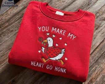 Embroidered Valentine Goose Sweatshirt, Valentine’s Day Shirt, Romantic Anniversary Gift, Cute Goose Embroidery Shirt