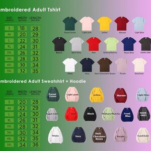a collection of embroidered adult t-shirts and sweatshirts in various colors and sizes, along with their corresponding widths and lengths.