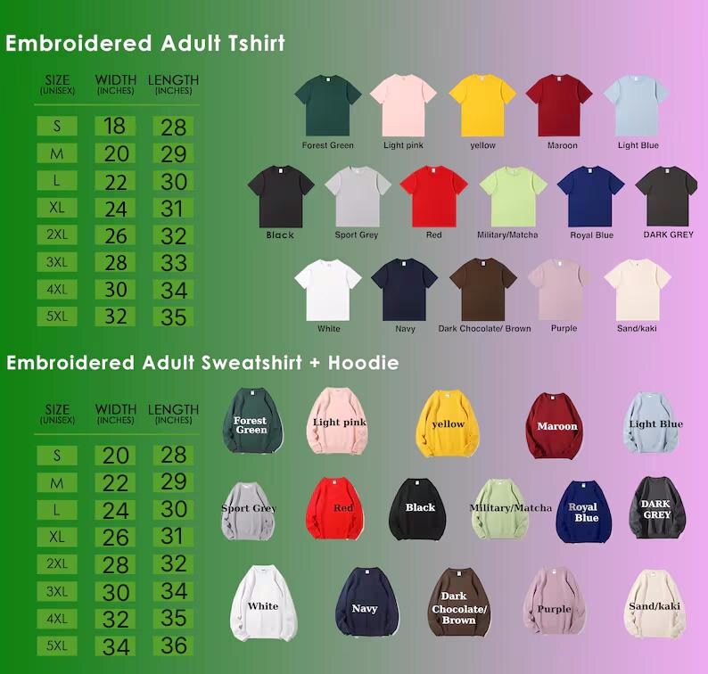 a collection of embroidered adult t-shirts and sweatshirts in various colors and sizes, along with their corresponding widths and lengths.