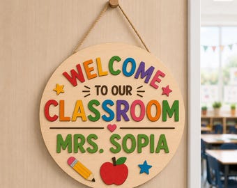 Personalized Classroom Door Sign, Custom Teacher Name Sign, Welcome Classroom Decor, Teacher Door Hanger, Back To School Gift, Wooden Sign