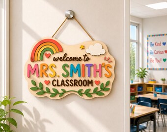 Personalized Teacher Classroom Sign, Custom School Door Hanger, Teacher Name Sign, Welcome Classroom Decor, Back To School Gift