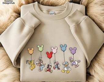 Cartoon Animal Balloon Shirt, Embroidered Character Style Shirt, Minimal Playful Art Shirt, Cozy Gift