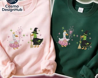 Embroidered Goose Wicked Sweatshirt, Elphaba Glinda Goose Cute Witchy Green,  Duck Embroidered Sweater