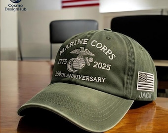 250th Embroidered Cap, Marine Corps 250th Anniversary Hat, Military Eagle Embroidered Cap, 1775–2025 Commemorative Gift, Custom Name Hat