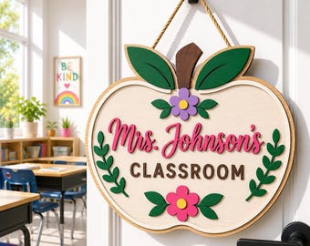 Personalized Apple Teacher Door Sign, Custom Classroom Decor, Teacher Name Sign, Back To School Gift, Wooden Classroom Hanging Sign
