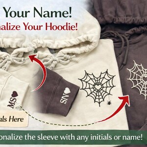 The image is a promotional graphic for a product that allows users to personalize their hoodies with initials or names. It features a close-up view of a hoodie with a spider web design, along with instructions for adding initials or a name to the sleeve.