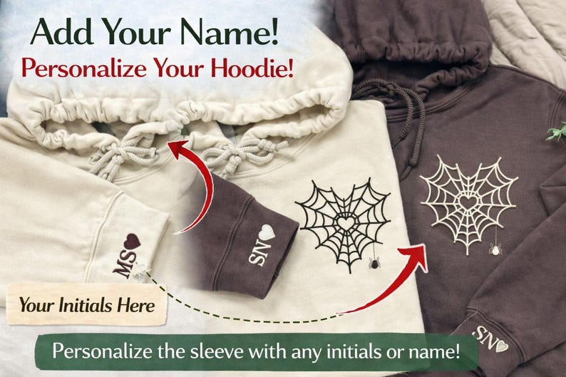 The image is a promotional graphic for a product that allows users to personalize their hoodies with initials or names. It features a close-up view of a hoodie with a spider web design, along with instructions for adding initials or a name to the sleeve.